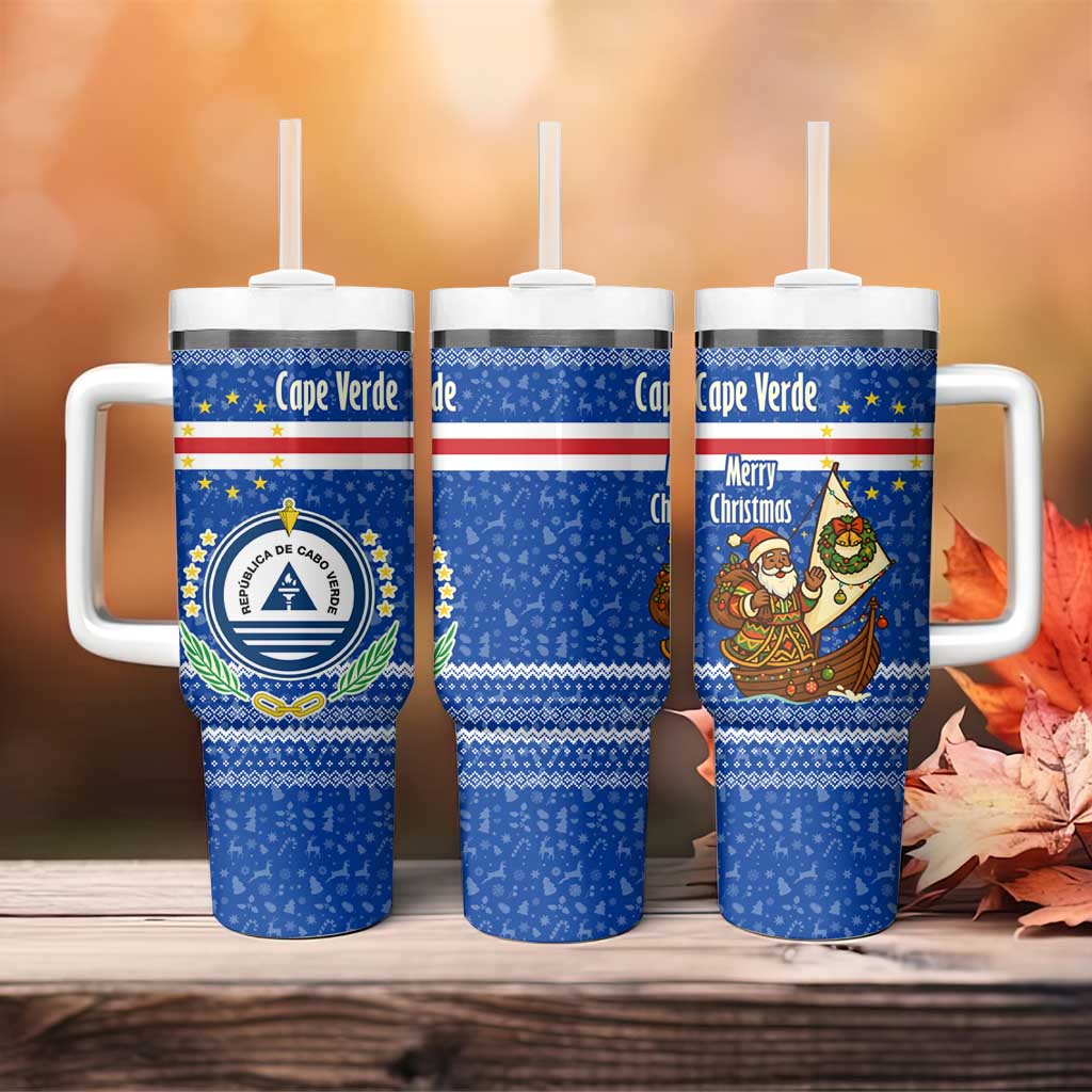 Cape Verde Christmas Tumbler With Handle Blue Festive Pattern Sailing Santa and National Emblem Motif - African Pride