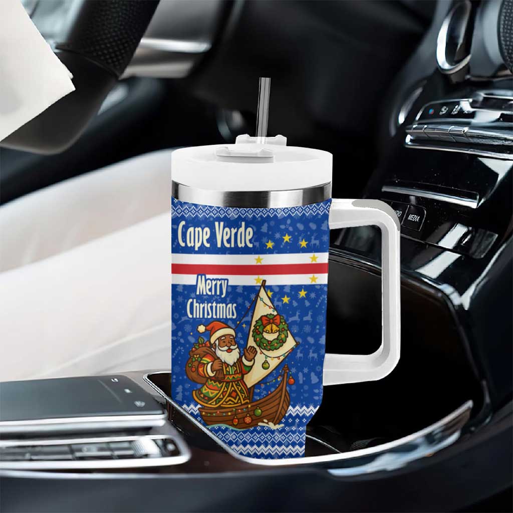 Cape Verde Christmas Tumbler With Handle Blue Festive Pattern Sailing Santa and National Emblem Motif - African Pride