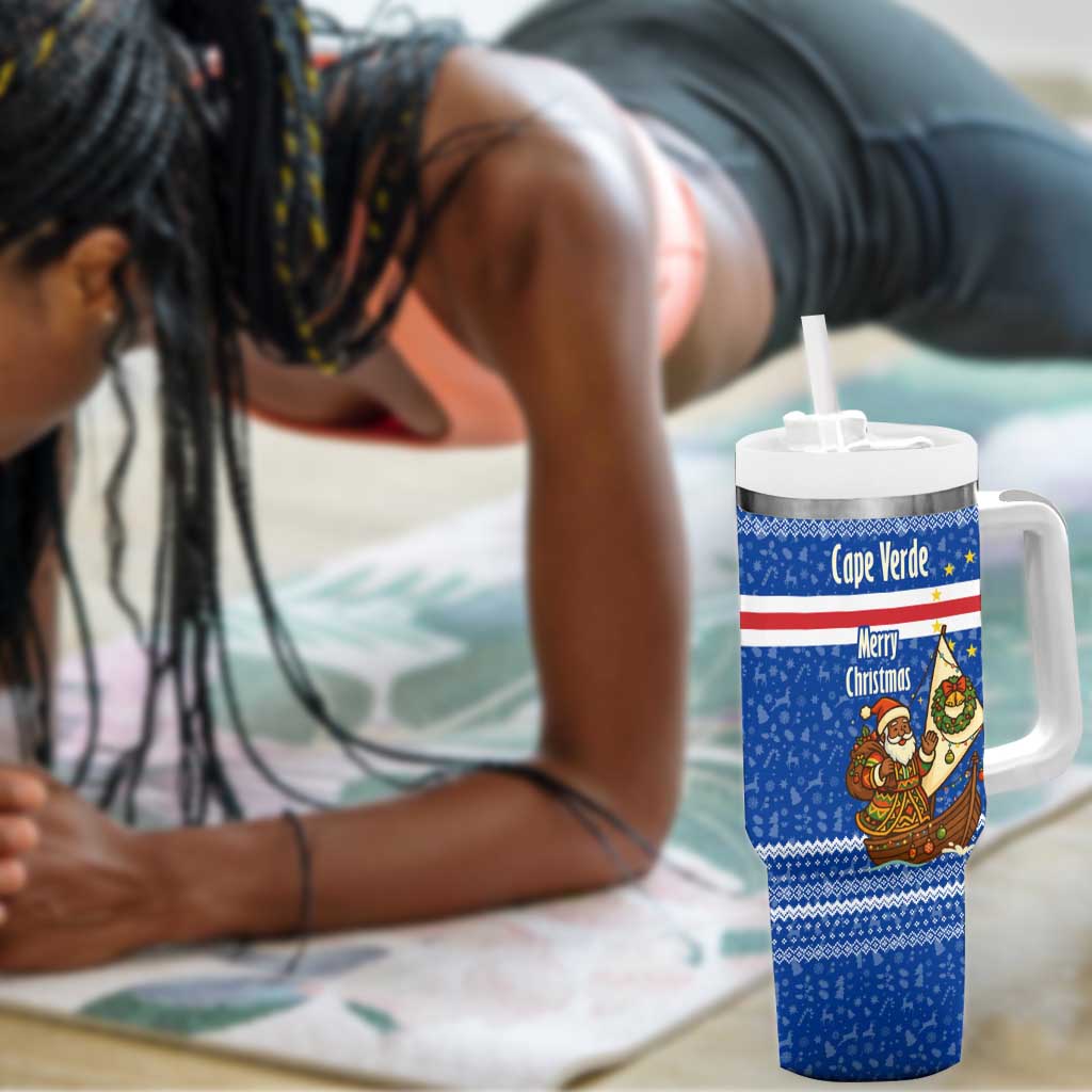 Cape Verde Christmas Tumbler With Handle Blue Festive Pattern Sailing Santa and National Emblem Motif - African Pride