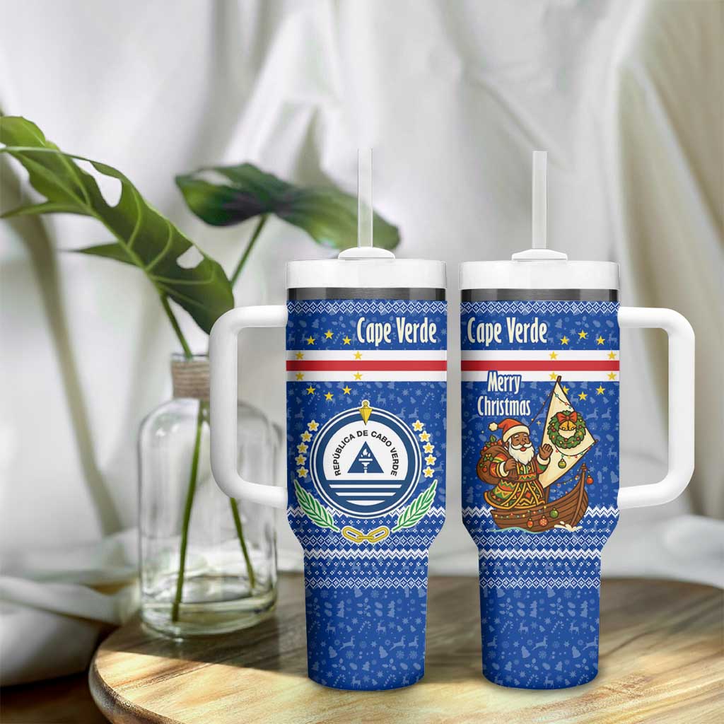 Cape Verde Christmas Tumbler With Handle Blue Festive Pattern Sailing Santa and National Emblem Motif - African Pride