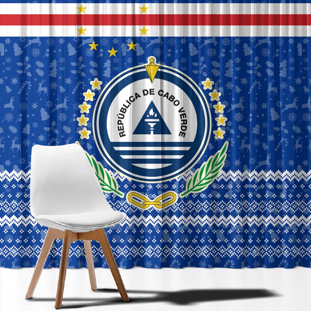 Cape Verde Christmas Window Curtain Blue Festive Pattern Sailing Santa and National Emblem Motif - African Pride