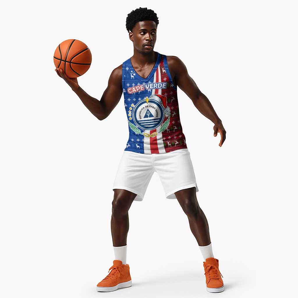 Cape Verde Christmas Basketball Jersey Festive Pattern Christmas Tree and National Emblem Motif TS04