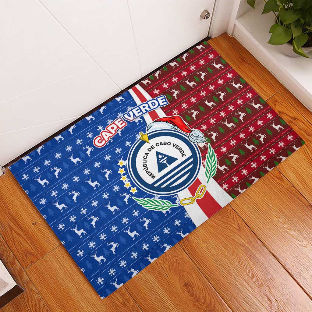 Cape Verde Christmas Rubber Doormat Festive Pattern Christmas Tree and National Emblem Motif - African Pride