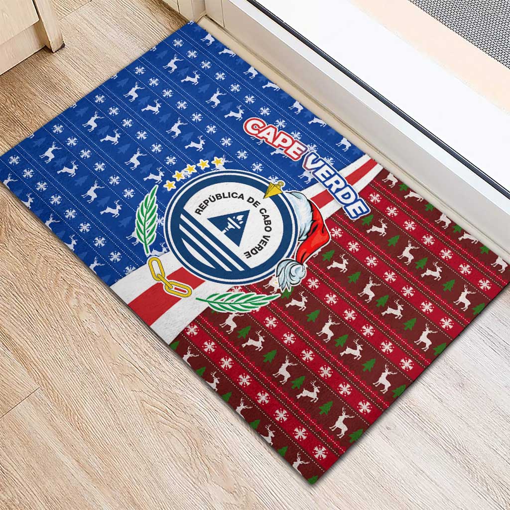 Cape Verde Christmas Rubber Doormat Festive Pattern Christmas Tree and National Emblem Motif - African Pride