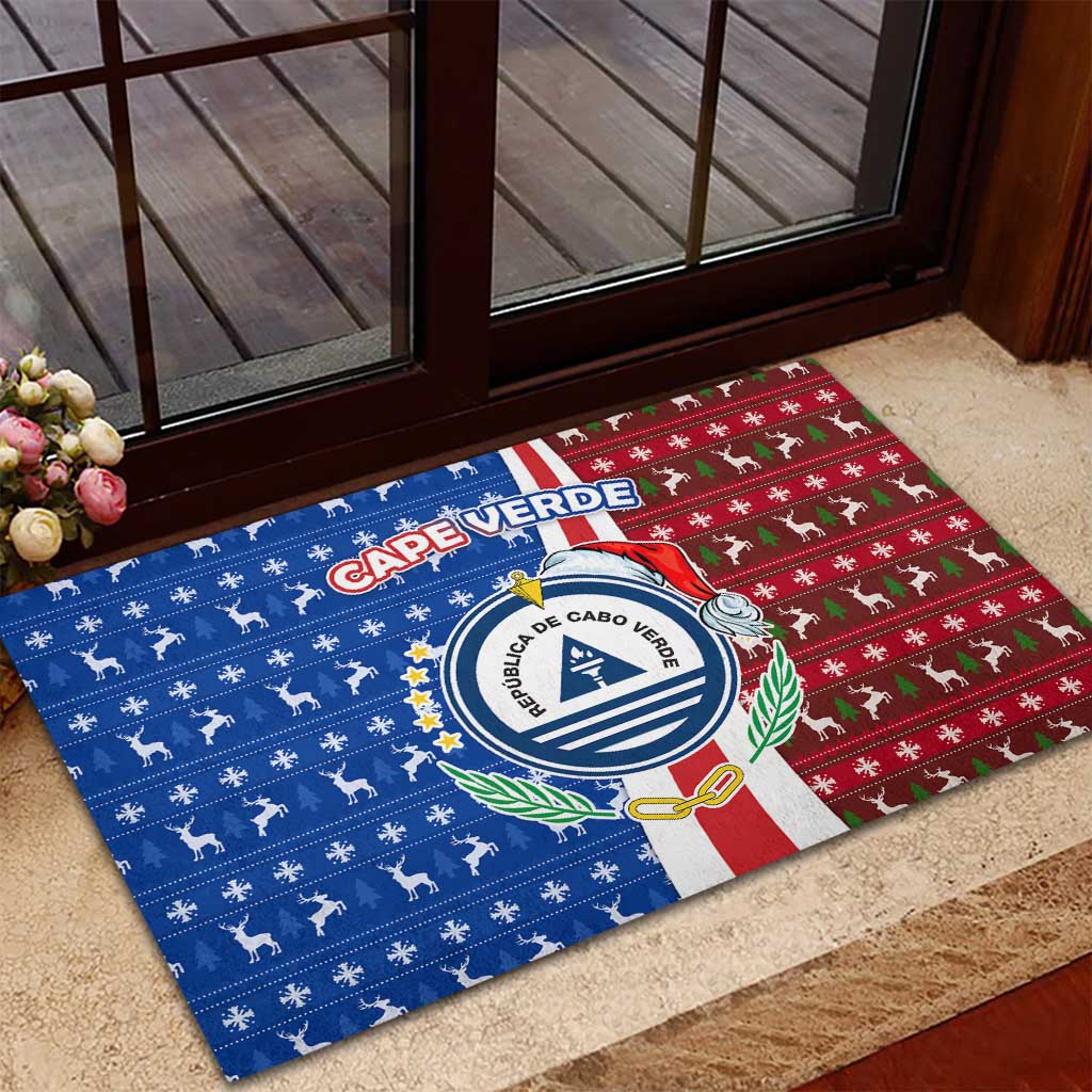 Cape Verde Christmas Rubber Doormat Festive Pattern Christmas Tree and National Emblem Motif - African Pride