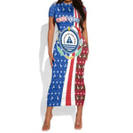 Cape Verde Christmas Short Sleeve Bodycon Dress Festive Pattern Christmas Tree and National Emblem Motif - African Pride