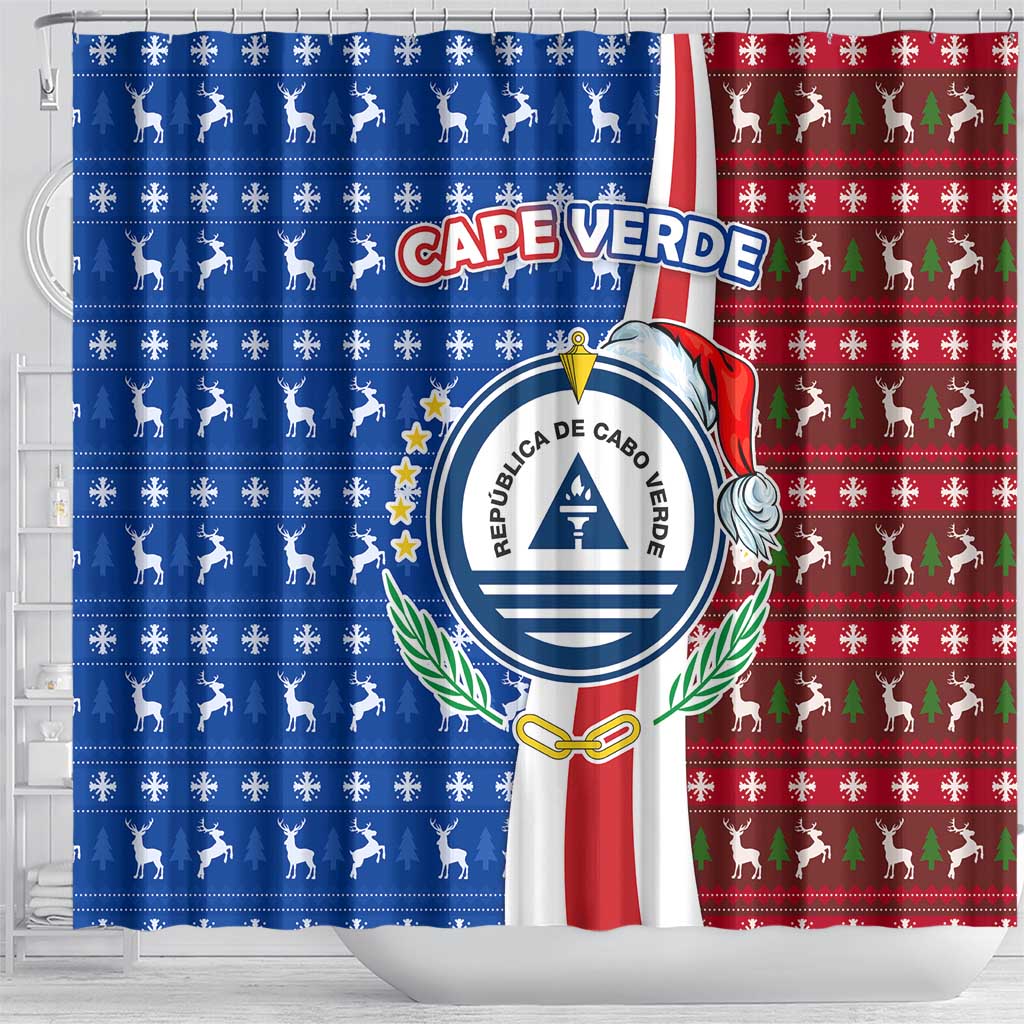 Cape Verde Christmas Shower Curtain Festive Pattern Christmas Tree and National Emblem Motif - African Pride