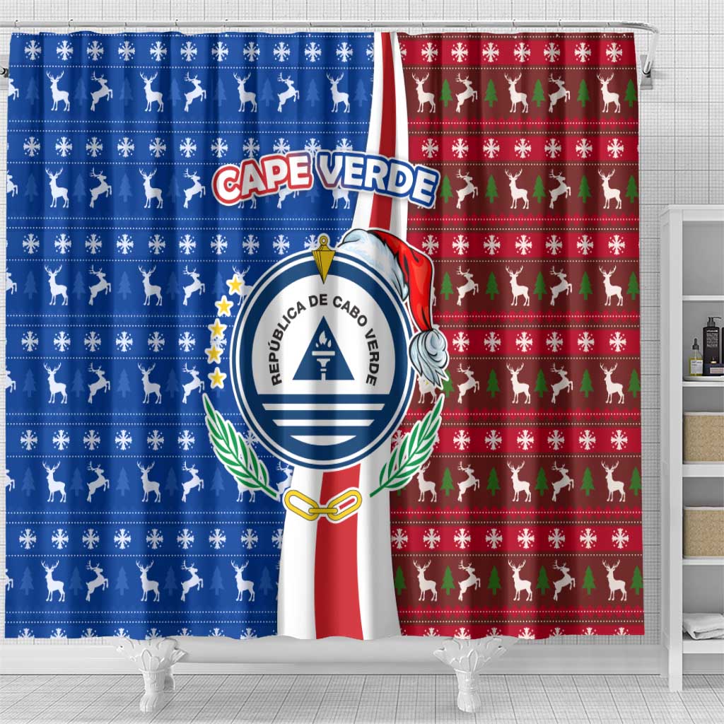 Cape Verde Christmas Shower Curtain Festive Pattern Christmas Tree and National Emblem Motif - African Pride