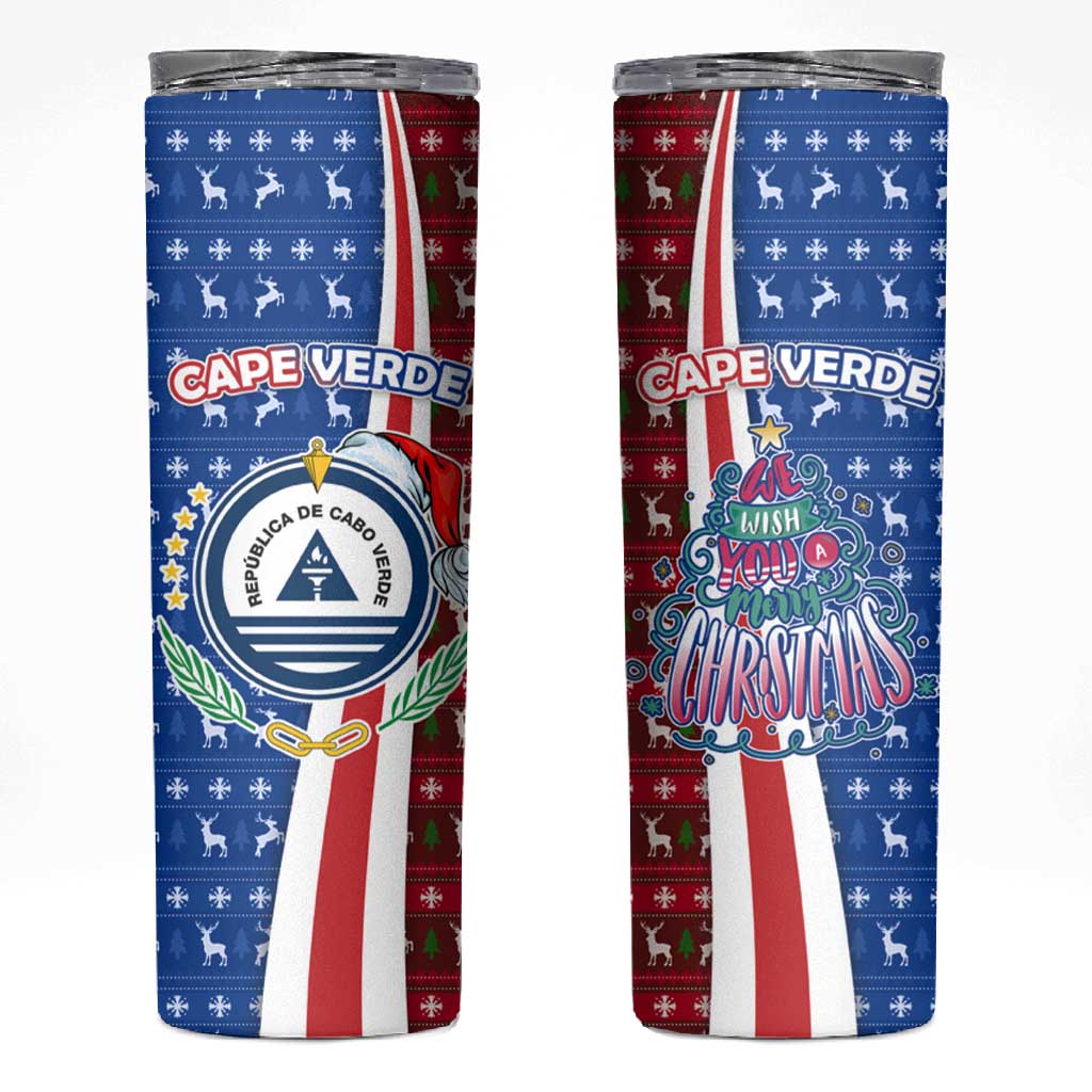 Cape Verde Christmas Skinny Tumbler Festive Pattern Christmas Tree and National Emblem Motif - African Pride