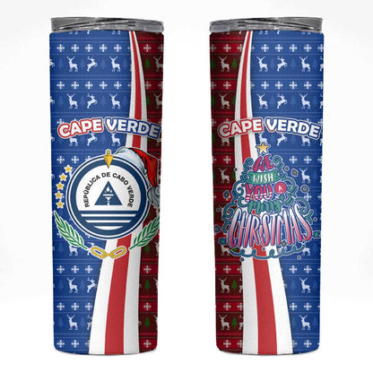 Cape Verde Christmas Skinny Tumbler Festive Pattern Christmas Tree and National Emblem Motif - African Pride
