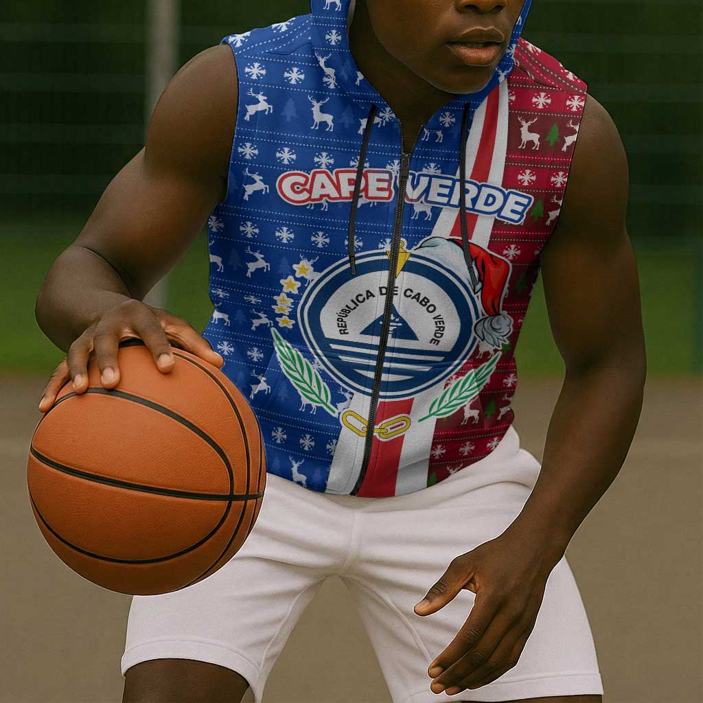 Cape Verde Christmas Sleeveless Zip Hoodie Festive Pattern Christmas Tree and National Emblem Motif - African Pride
