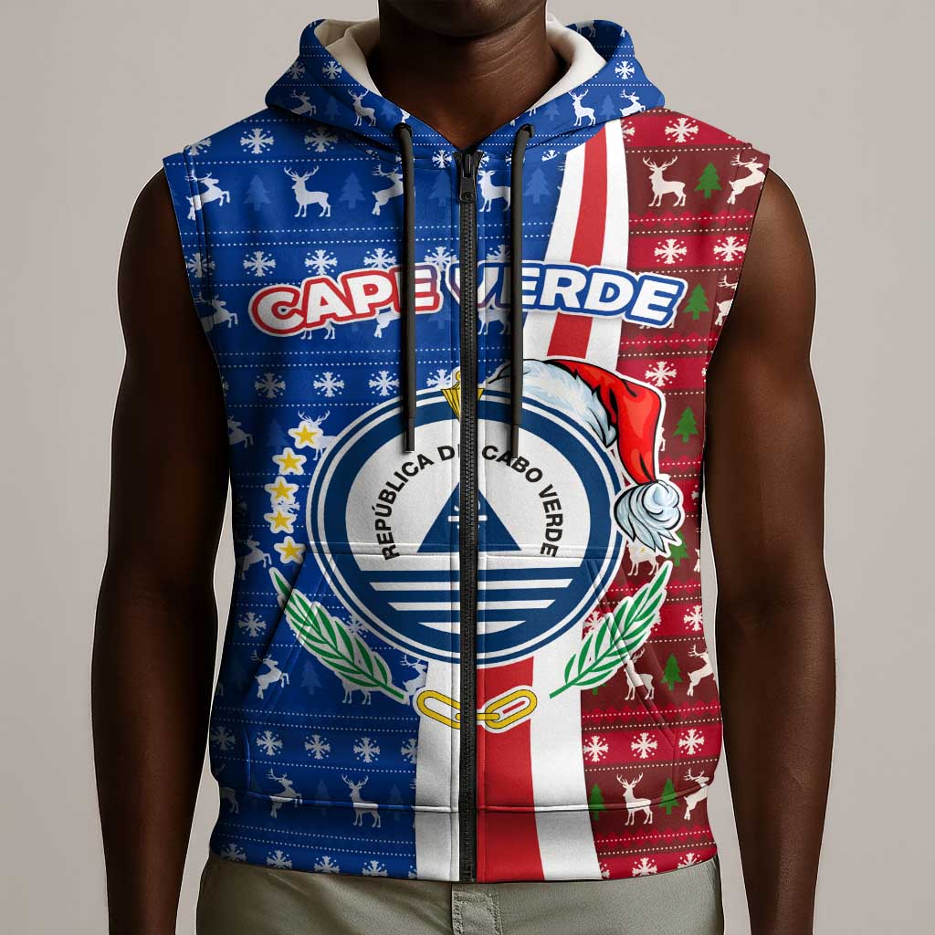 Cape Verde Christmas Sleeveless Zip Hoodie Festive Pattern Christmas Tree and National Emblem Motif - African Pride