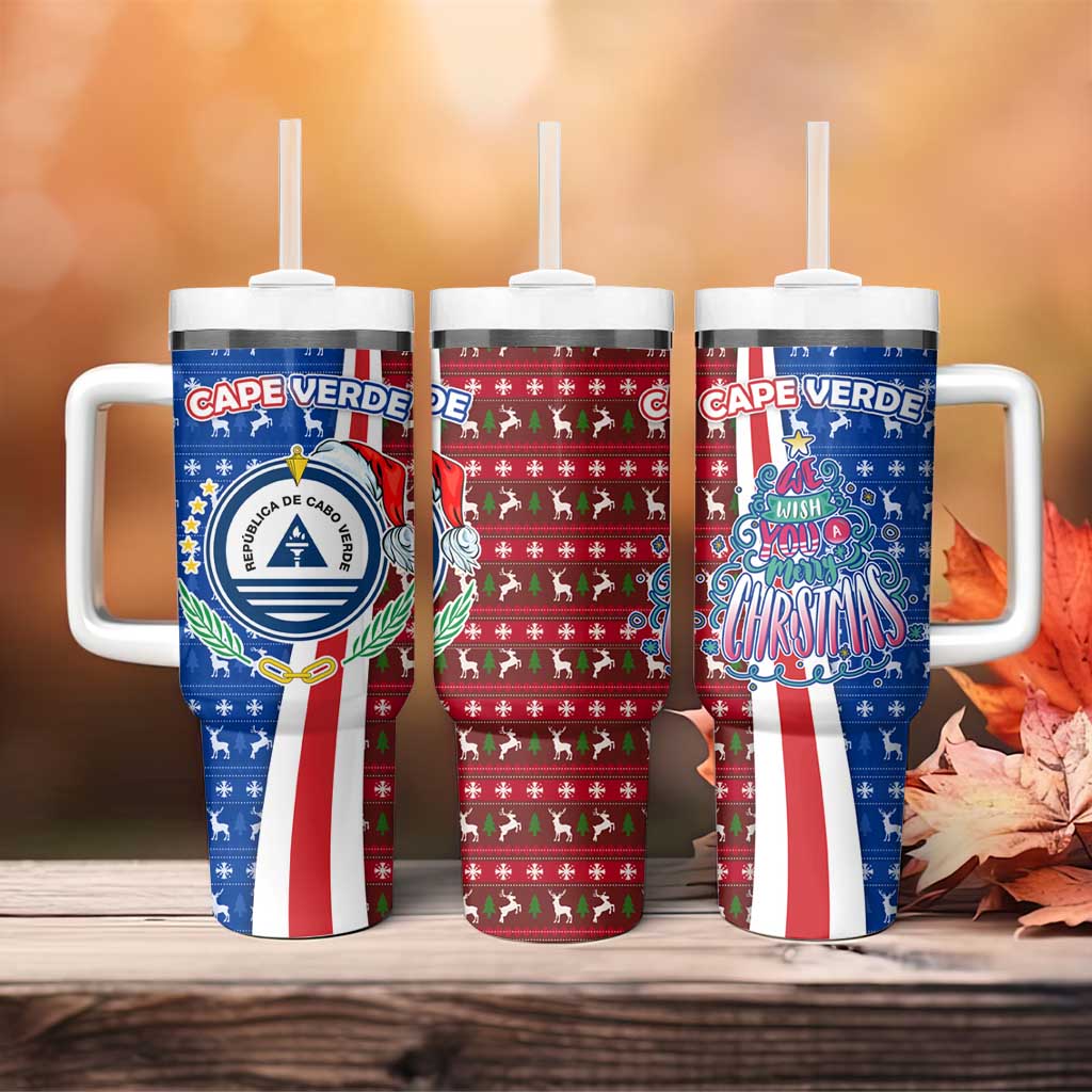Cape Verde Christmas Tumbler With Handle Festive Pattern Christmas Tree and National Emblem Motif - African Pride