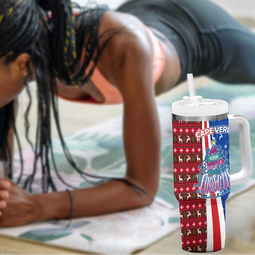 Cape Verde Christmas Tumbler With Handle Festive Pattern Christmas Tree and National Emblem Motif - African Pride