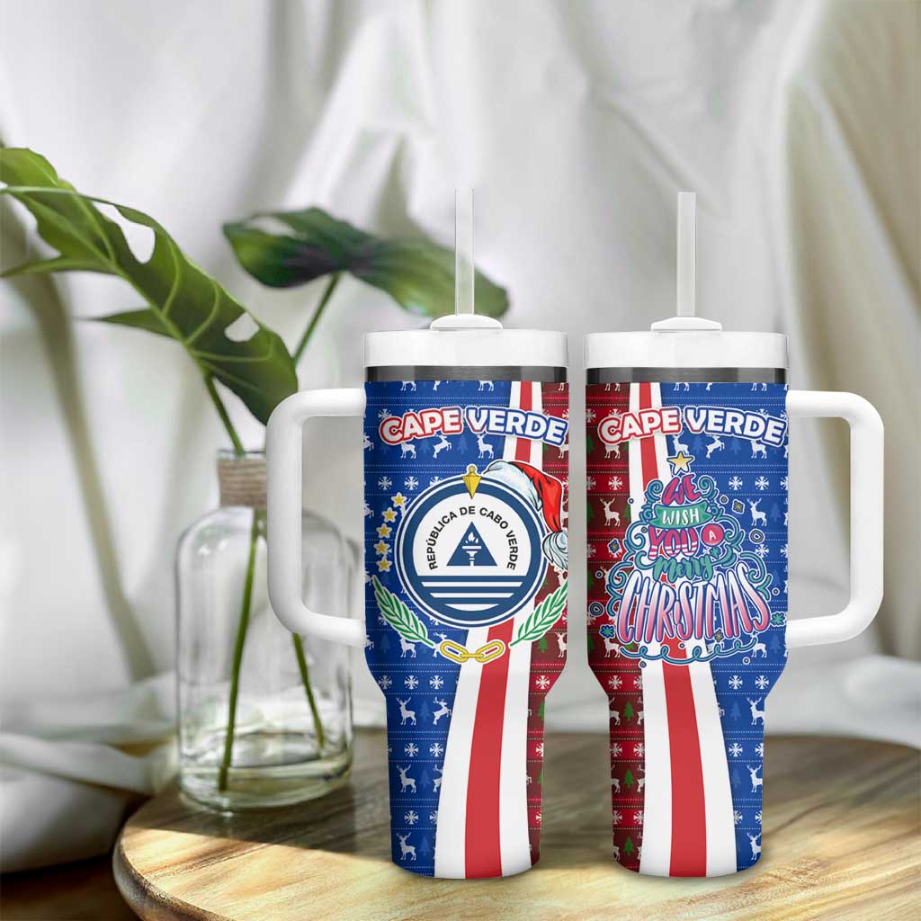 Cape Verde Christmas Tumbler With Handle Festive Pattern Christmas Tree and National Emblem Motif - African Pride
