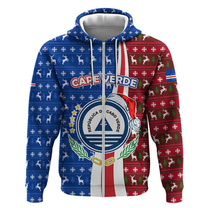 Cape Verde Christmas Zip Hoodie Festive Pattern Christmas Tree and National Emblem Motif - African Pride