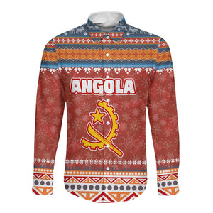 Angola Christmas Long Sleeve Button Shirt Snowflake Pattern Tribal Santa Claus Motif - African Pride