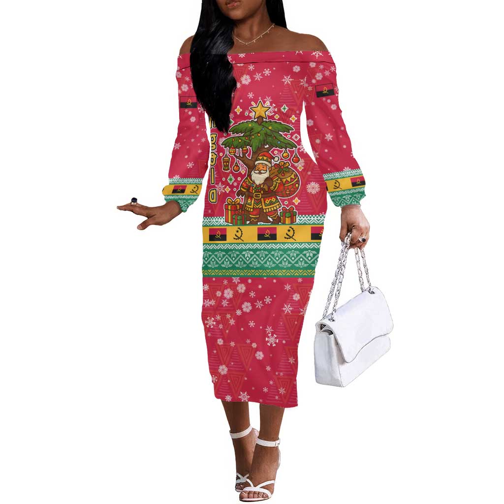 Angola Christmas Off The Shoulder Long Sleeve Dress Santa Gifts and National Flag Map Motif - African Pride