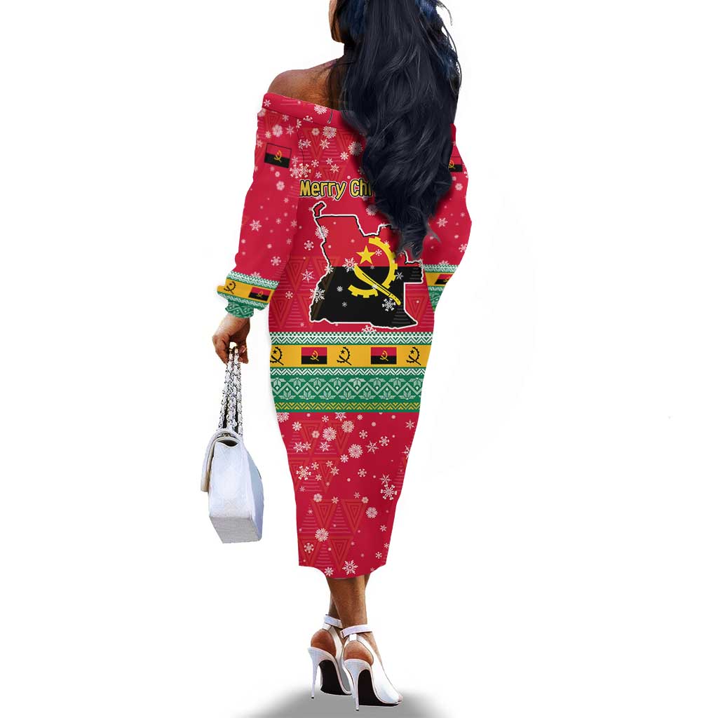 Angola Christmas Off The Shoulder Long Sleeve Dress Santa Gifts and National Flag Map Motif - African Pride