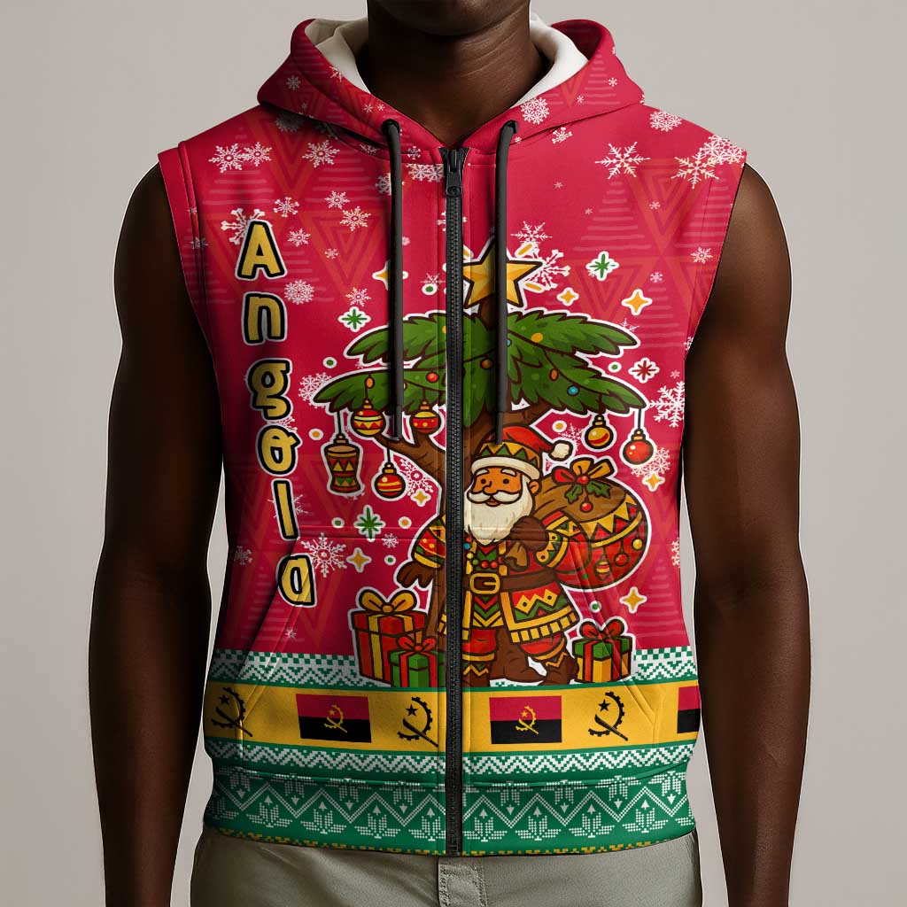 Angola Christmas Sleeveless Zip Hoodie Santa Gifts and National Flag Map Motif - African Pride