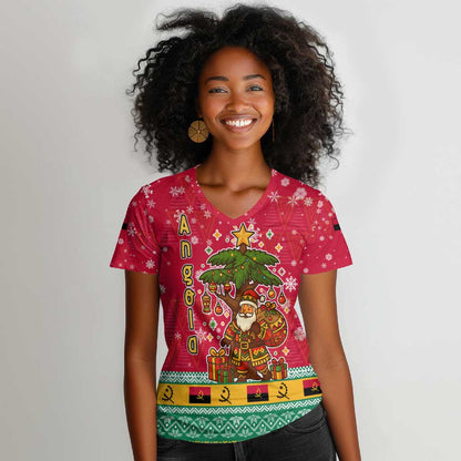 Angola Christmas Women V-Neck T-Shirt Santa Gifts and National Flag Map Motif - African Pride