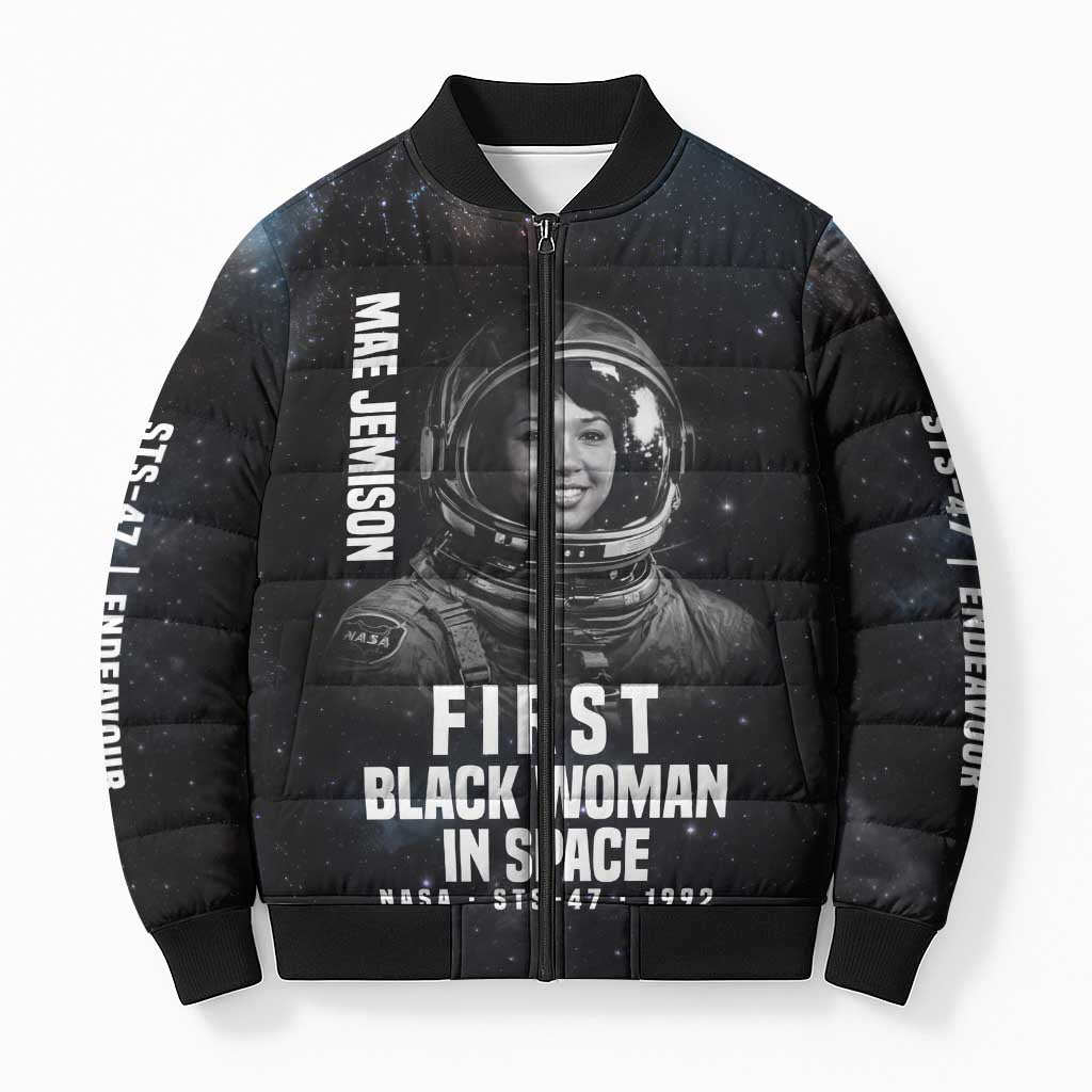 Mae Jemison Bomber Puffer Jacket with NASA Spacesuit Portrait, First Black Woman - African Pride