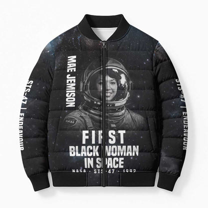 Mae Jemison Bomber Puffer Jacket with NASA Spacesuit Portrait, First Black Woman - African Pride