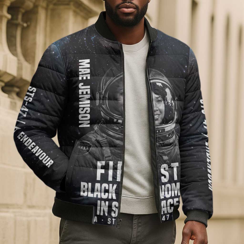 Mae Jemison Bomber Puffer Jacket with NASA Spacesuit Portrait, First Black Woman - African Pride
