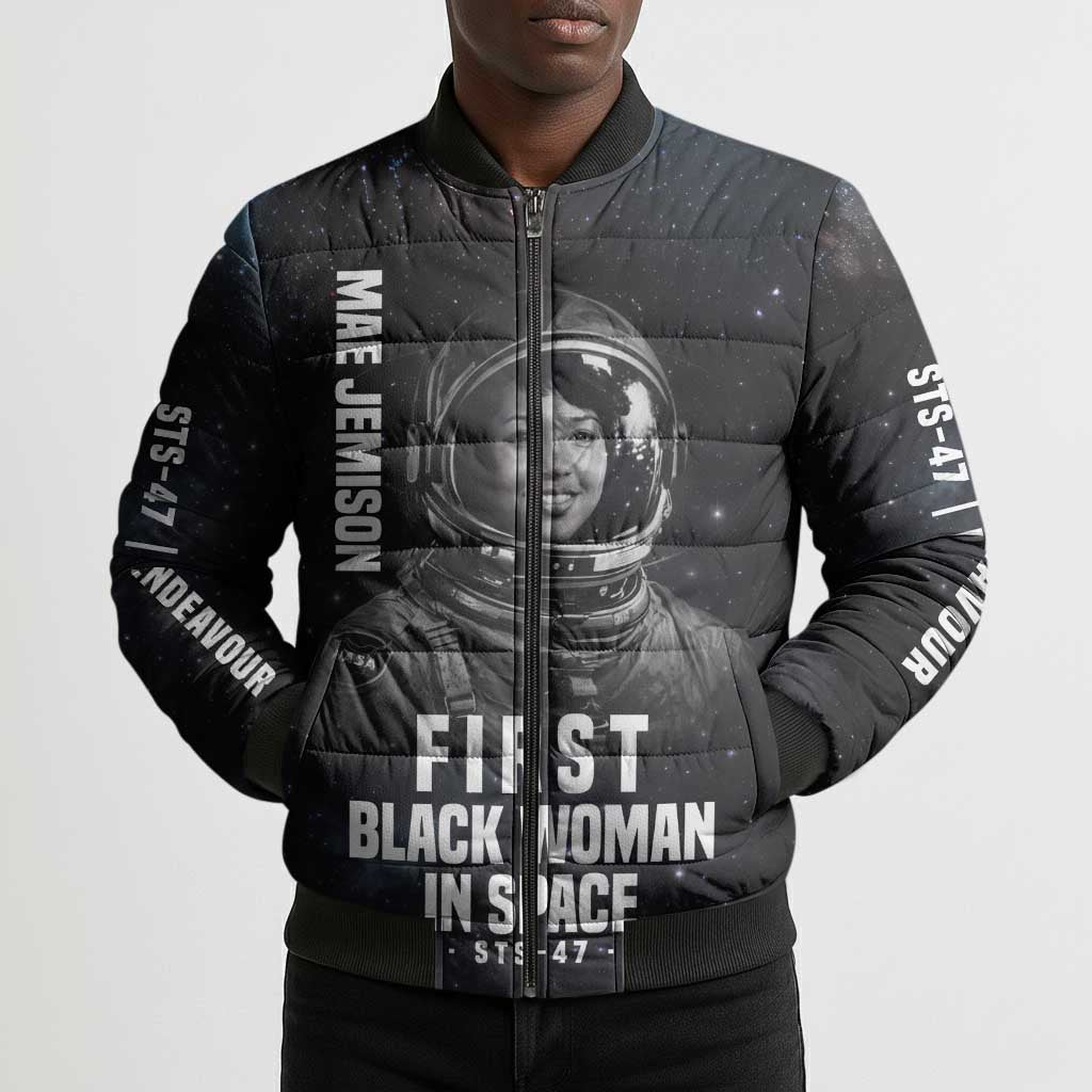 Mae Jemison Bomber Puffer Jacket with NASA Spacesuit Portrait, First Black Woman - African Pride