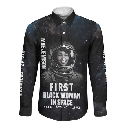 Mae Jemison Long Sleeve Button Shirt with NASA Spacesuit Portrait, First Black Woman - African Pride