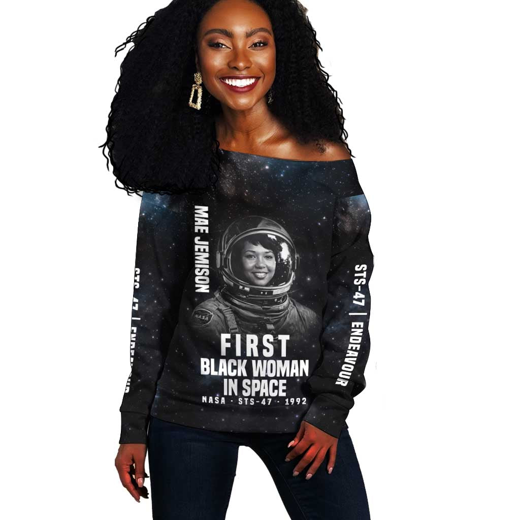 Mae Jemison Off Shoulder Sweater with NASA Spacesuit Portrait, First Black Woman - African Pride