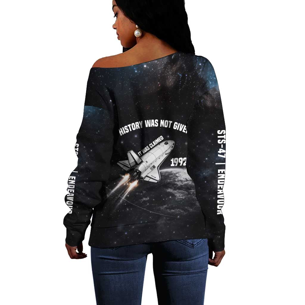 Mae Jemison Off Shoulder Sweater with NASA Spacesuit Portrait, First Black Woman - African Pride