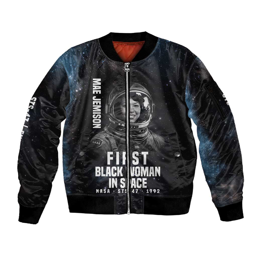 Mae Jemison Sleeve Zip Bomber Jacket with NASA Spacesuit Portrait, First Black Woman - African Pride