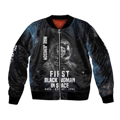 Mae Jemison Sleeve Zip Bomber Jacket with NASA Spacesuit Portrait, First Black Woman - African Pride