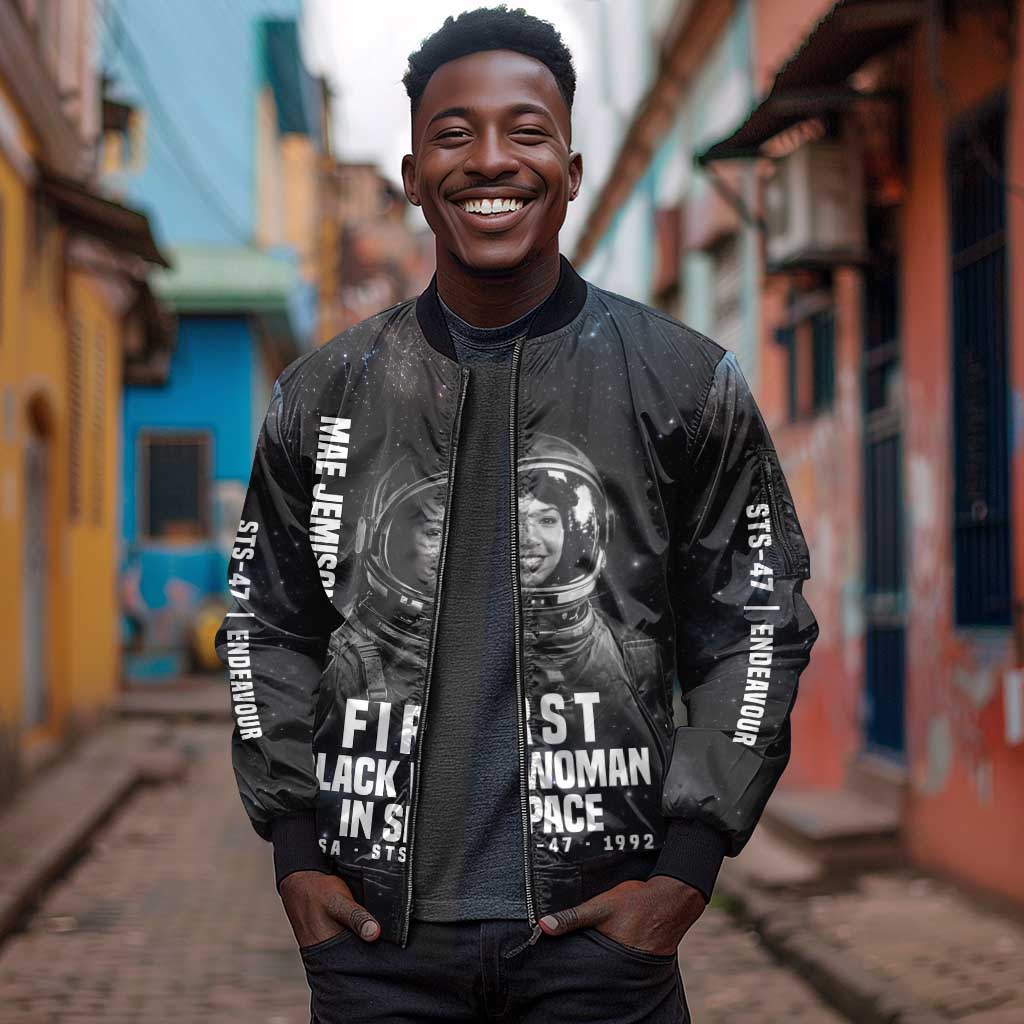 Mae Jemison Sleeve Zip Bomber Jacket with NASA Spacesuit Portrait, First Black Woman - African Pride
