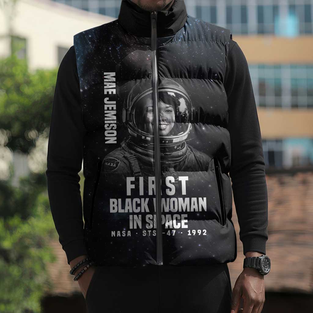 Mae Jemison Sleeveless Puffer Jacket with NASA Spacesuit Portrait, First Black Woman - African Pride