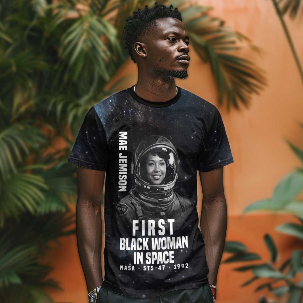 Mae Jemison T shirt with NASA Spacesuit Portrait, First Black Woman - African Pride