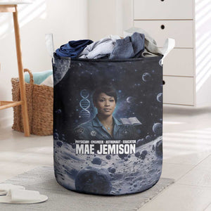 Mae Jemison Laundry Basket with Space Portrait Design, Science Has No Boundaries Quote and DNA Book Elements - African Pride