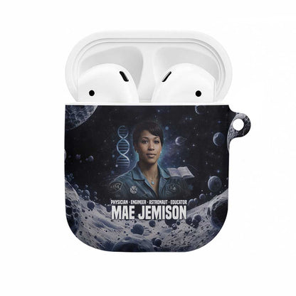 Mae Jemison AirPods Case with Space Portrait Design, Science Has No Boundaries Quote and DNA Book Elements - African Pride