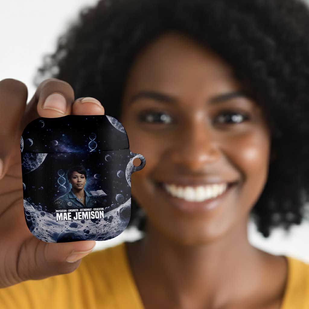 Mae Jemison AirPods Case with Space Portrait Design, Science Has No Boundaries Quote and DNA Book Elements - African Pride