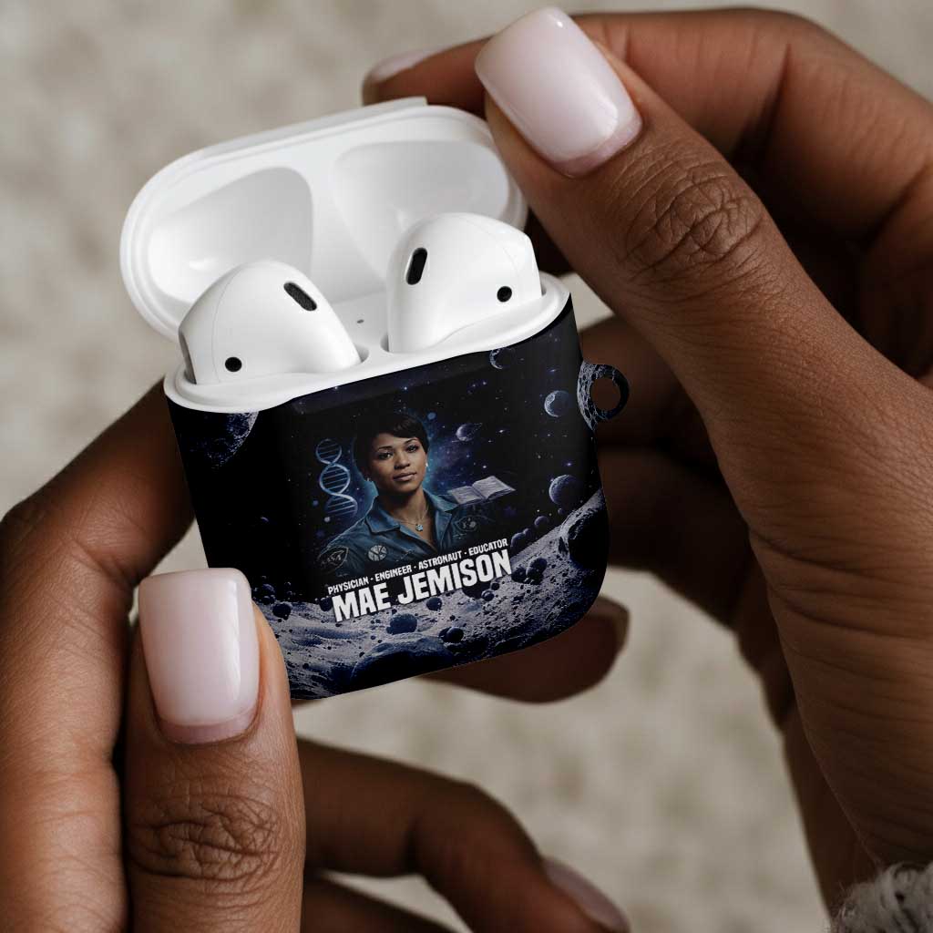 Mae Jemison AirPods Case with Space Portrait Design, Science Has No Boundaries Quote and DNA Book Elements - African Pride