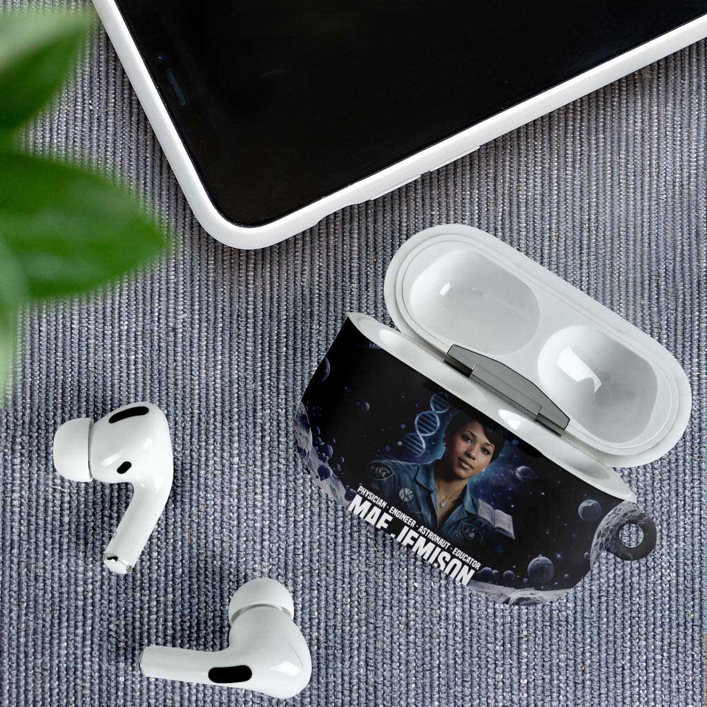 Mae Jemison AirPods Case with Space Portrait Design, Science Has No Boundaries Quote and DNA Book Elements - African Pride