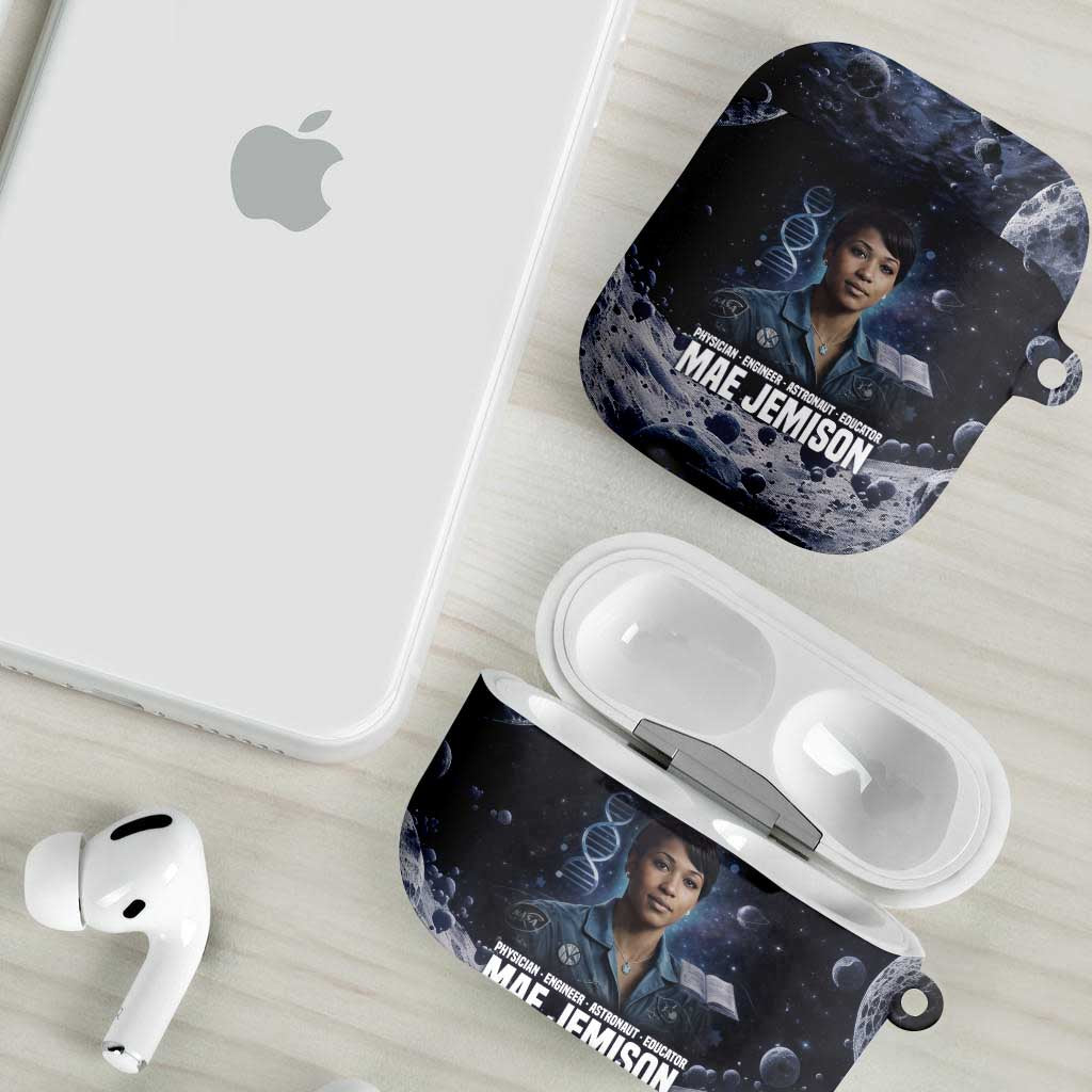Mae Jemison AirPods Case with Space Portrait Design, Science Has No Boundaries Quote and DNA Book Elements - African Pride