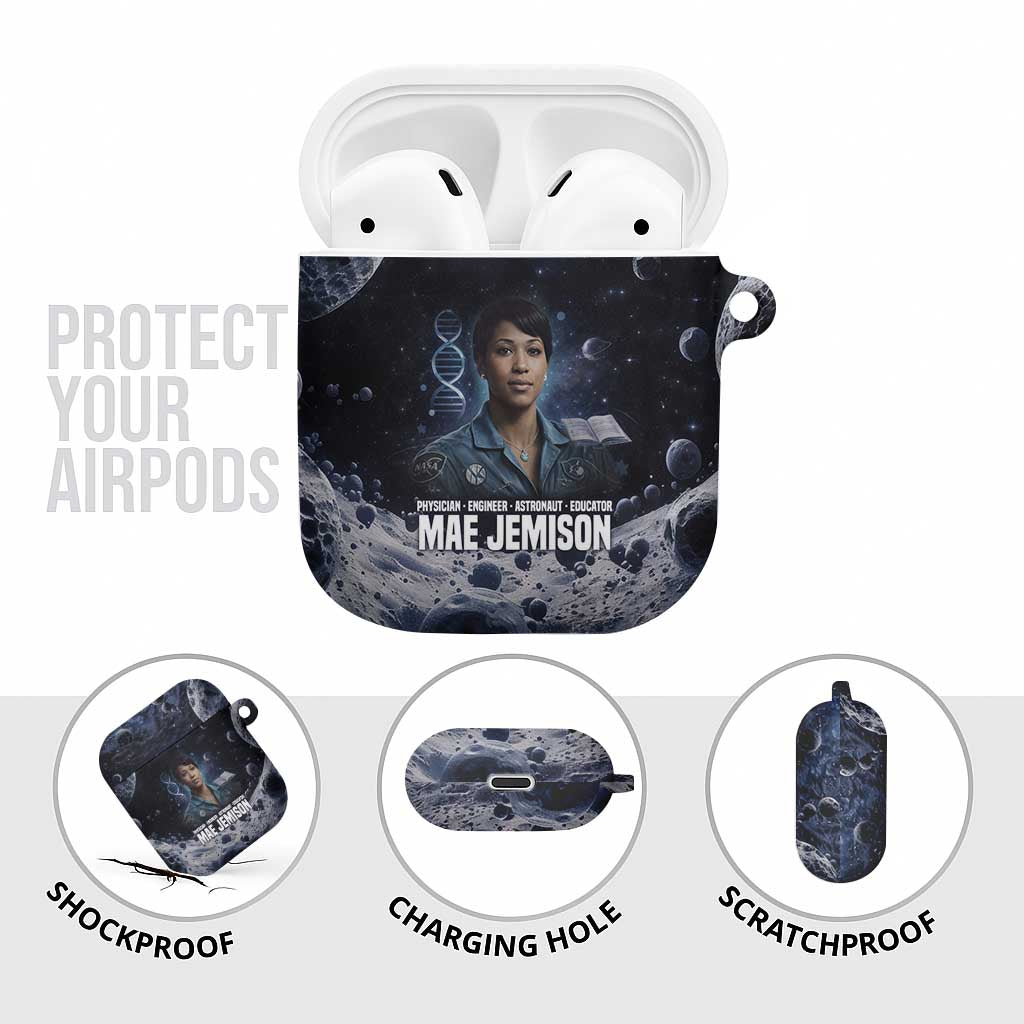 Mae Jemison AirPods Case with Space Portrait Design, Science Has No Boundaries Quote and DNA Book Elements - African Pride
