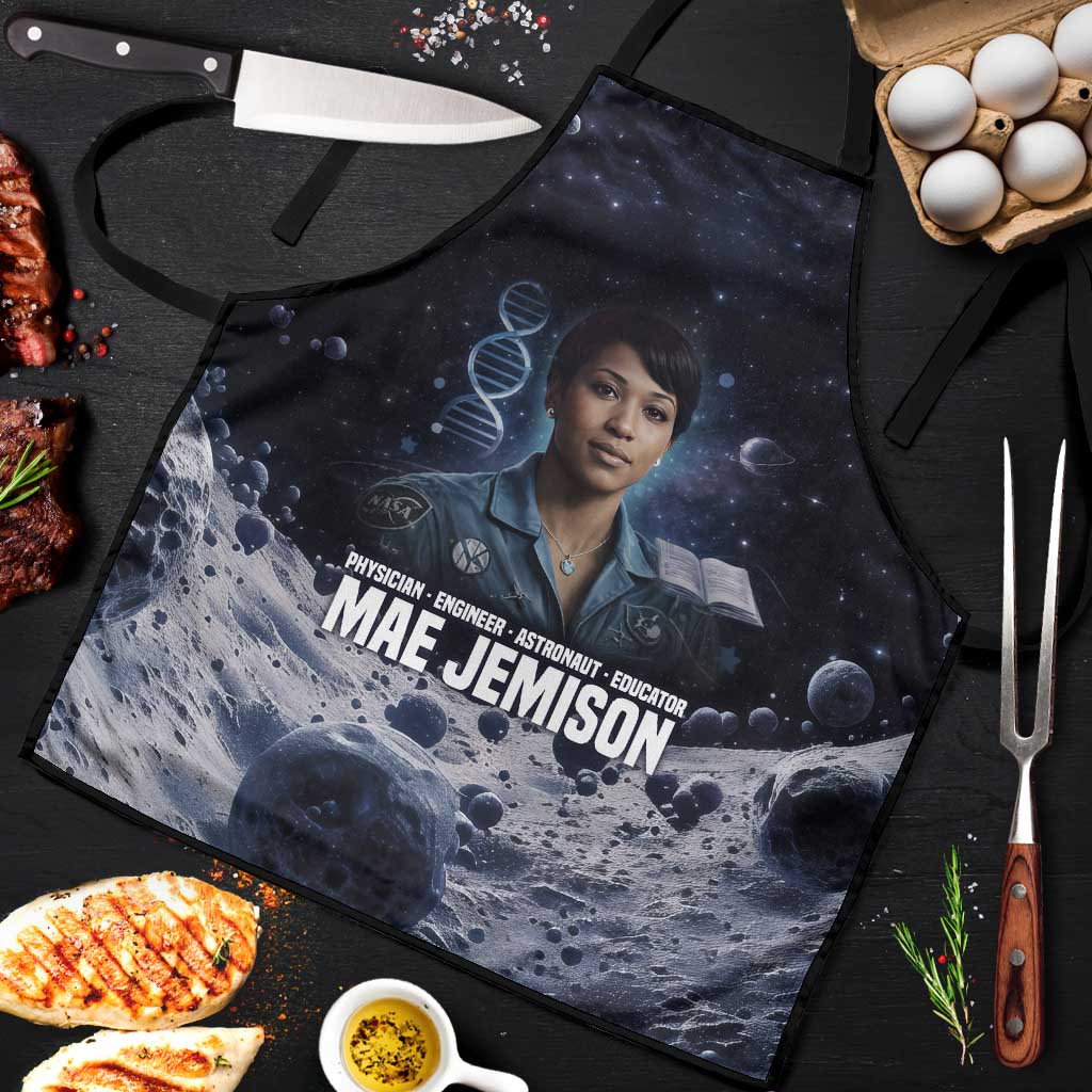 Mae Jemison Apron with Space Portrait Design, Science Has No Boundaries Quote and DNA Book Elements - African Pride