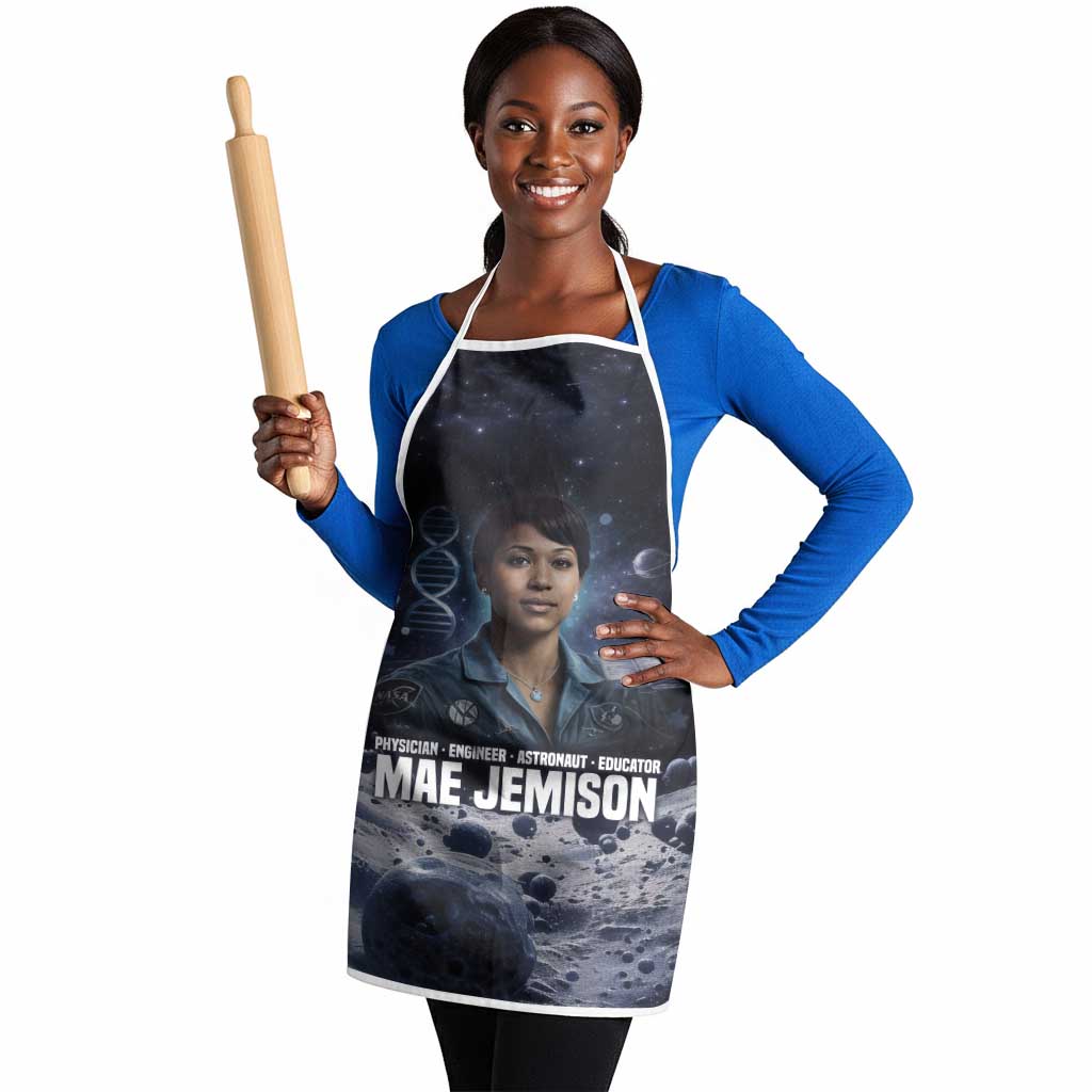 Mae Jemison Apron with Space Portrait Design, Science Has No Boundaries Quote and DNA Book Elements - African Pride