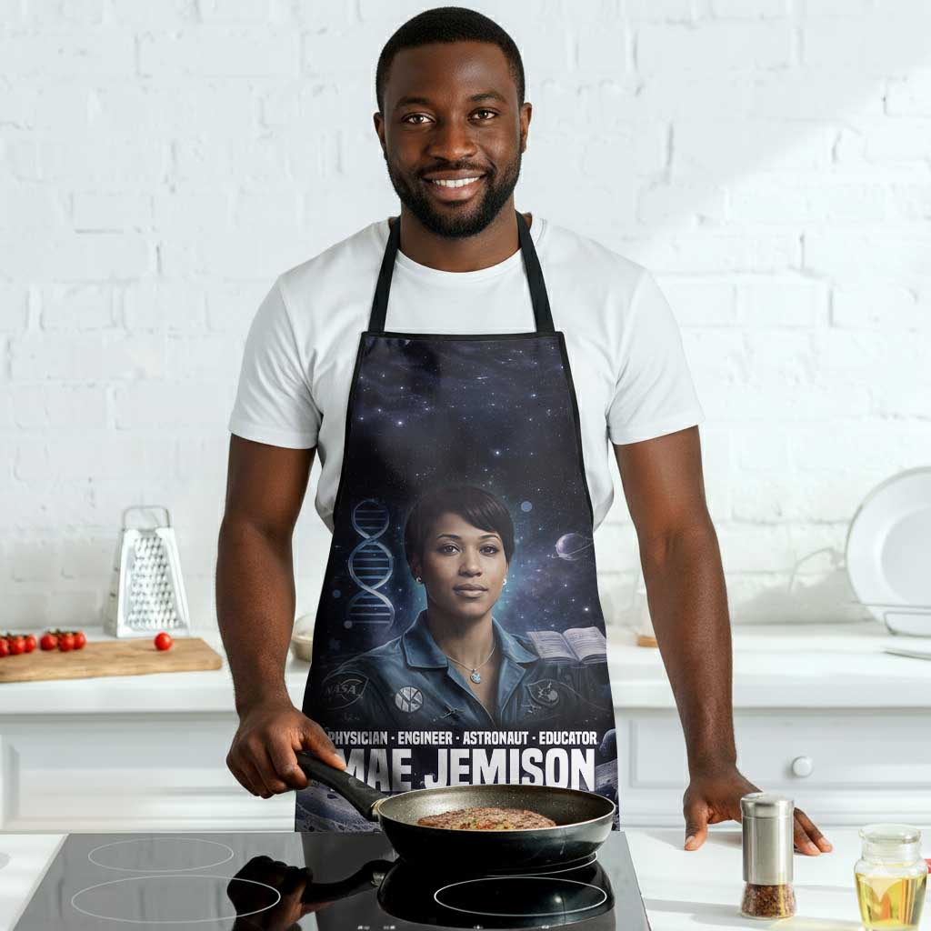 Mae Jemison Apron with Space Portrait Design, Science Has No Boundaries Quote and DNA Book Elements - African Pride