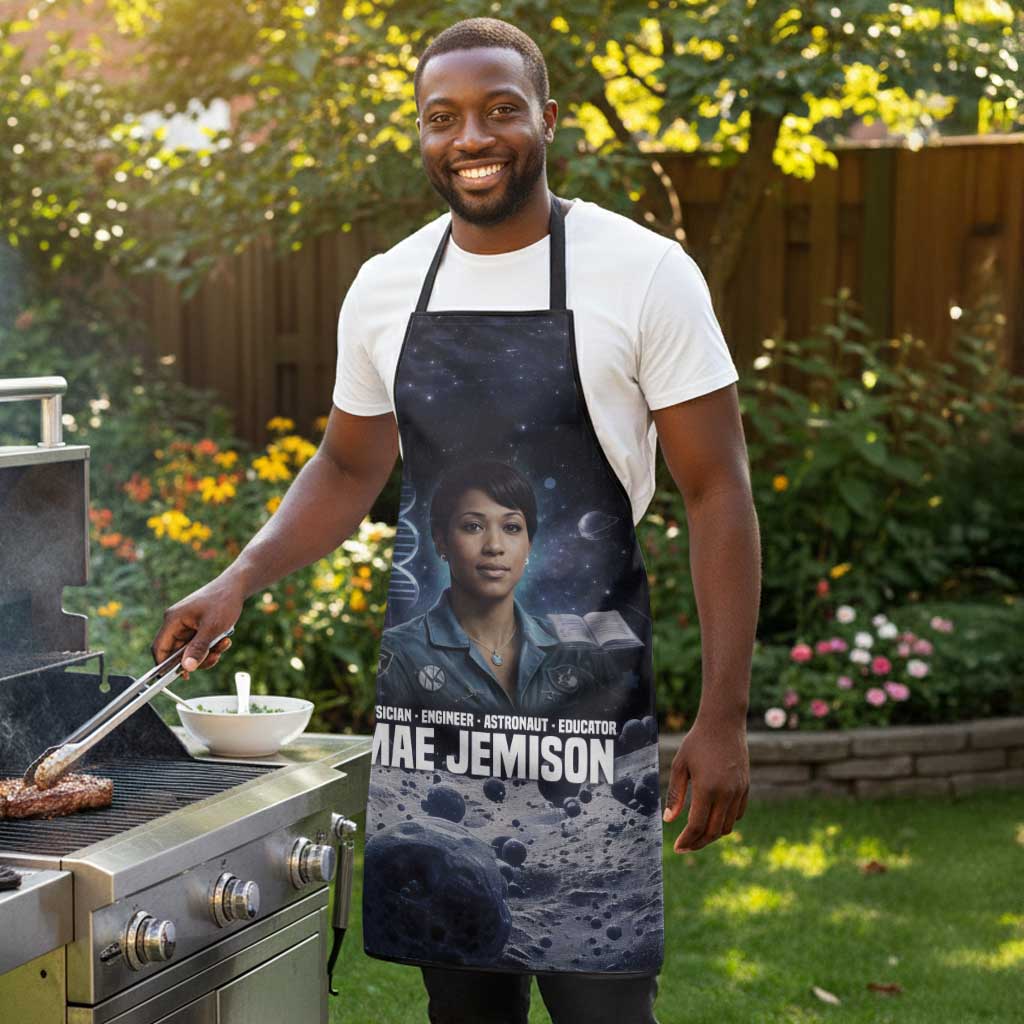 Mae Jemison Apron with Space Portrait Design, Science Has No Boundaries Quote and DNA Book Elements - African Pride