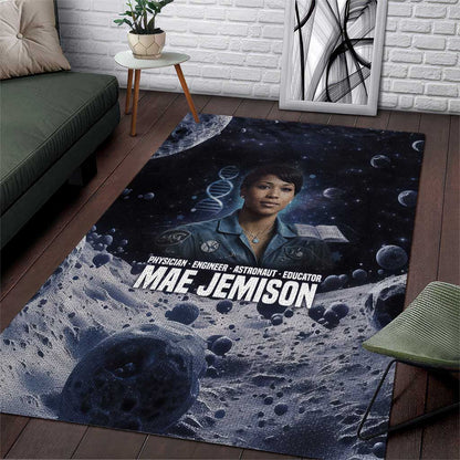 Mae Jemison Area Rug with Space Portrait Design, Science Has No Boundaries Quote and DNA Book Elements - African Pride
