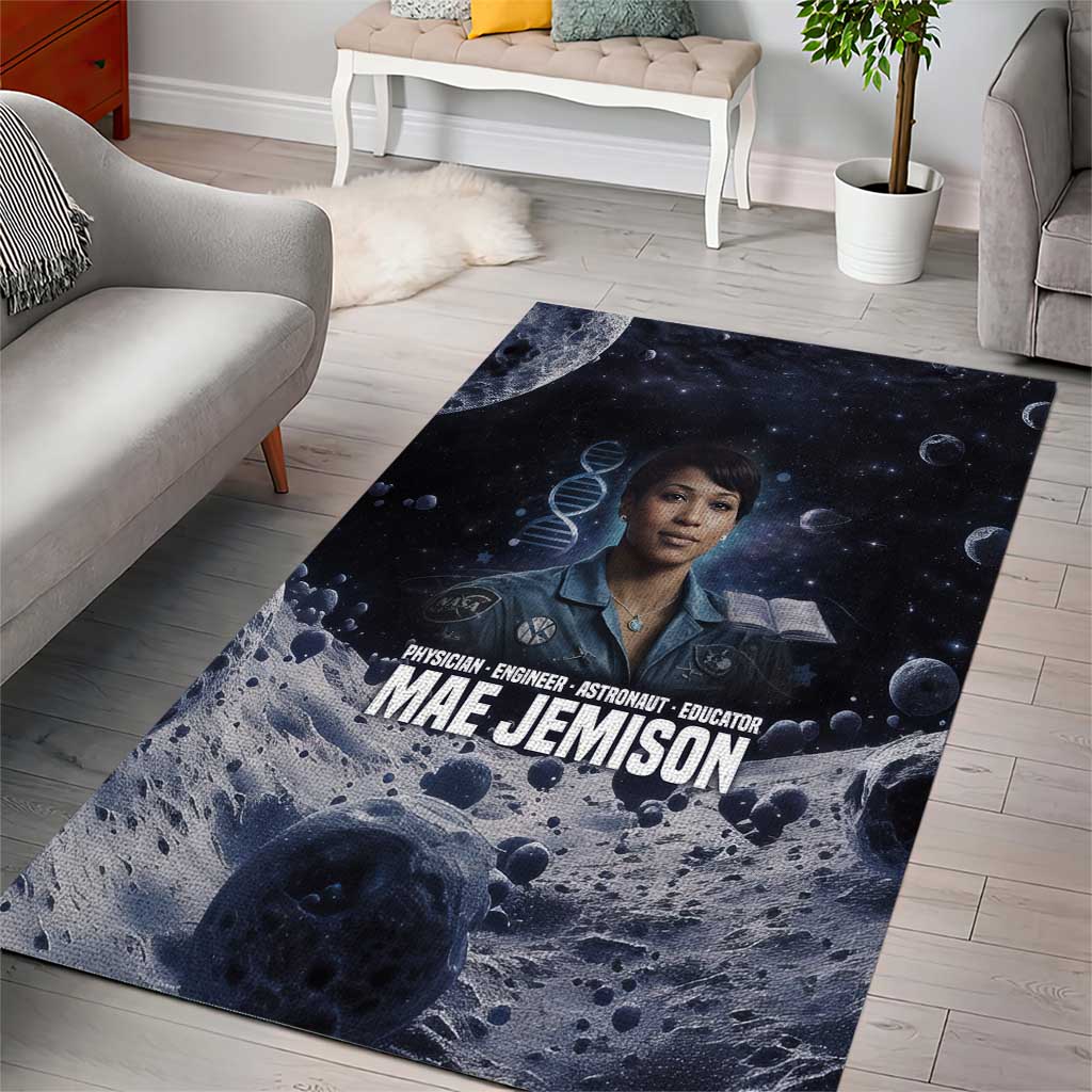 Mae Jemison Area Rug with Space Portrait Design, Science Has No Boundaries Quote and DNA Book Elements - African Pride